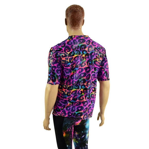 Mens Rainbow Leopard V Neck Shirt with Tee Sleeves - Coquetry Clothing