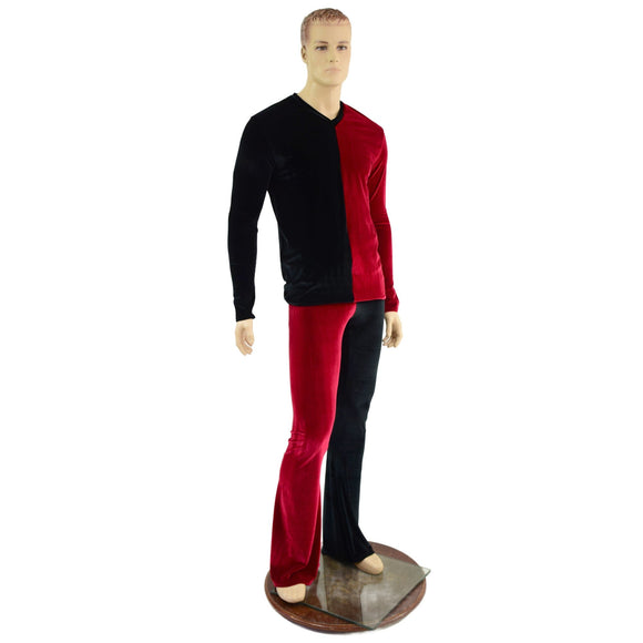 Mens Red and Black Harlequin Velvet Bootcut Pants and Shirt Set - Coquetry Clothing
