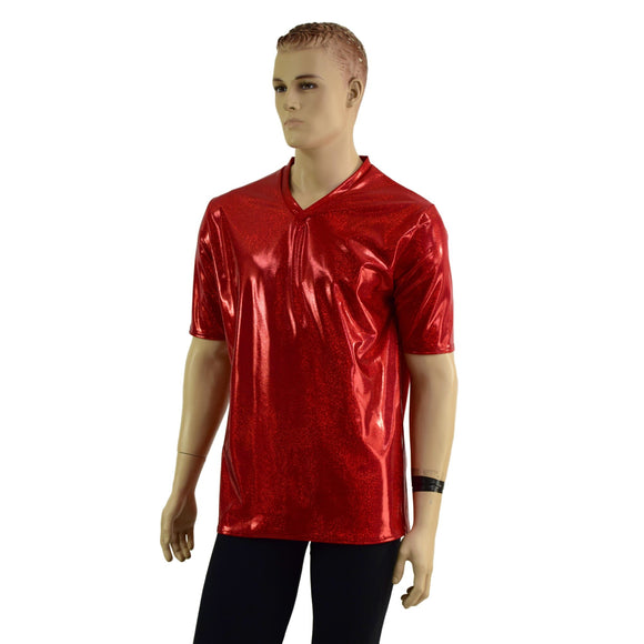 Mens Red Sparkly Jewel V Neck Shirt - Coquetry Clothing