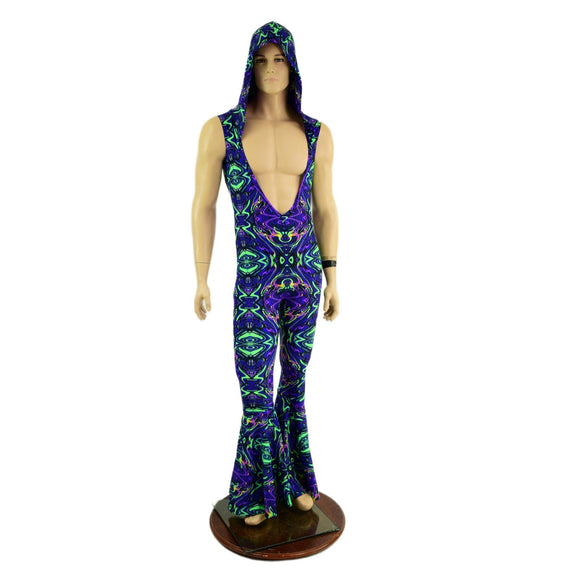 Mens Sleeveless Bell Bottom Catsuit with Deep Bro V Neckline and Hood - Coquetry Clothing