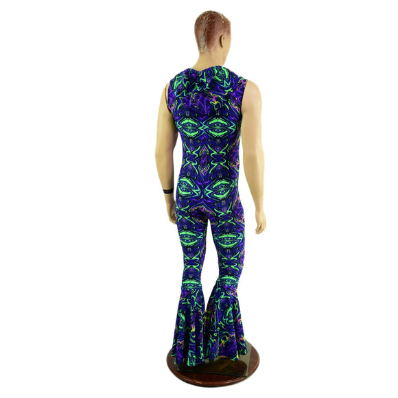 Mens Sleeveless Bell Bottom Catsuit with Deep Bro V Neckline and Hood - Coquetry Clothing