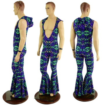 Mens Sleeveless Bell Bottom Catsuit with Deep Bro V Neckline and Hood - Coquetry Clothing