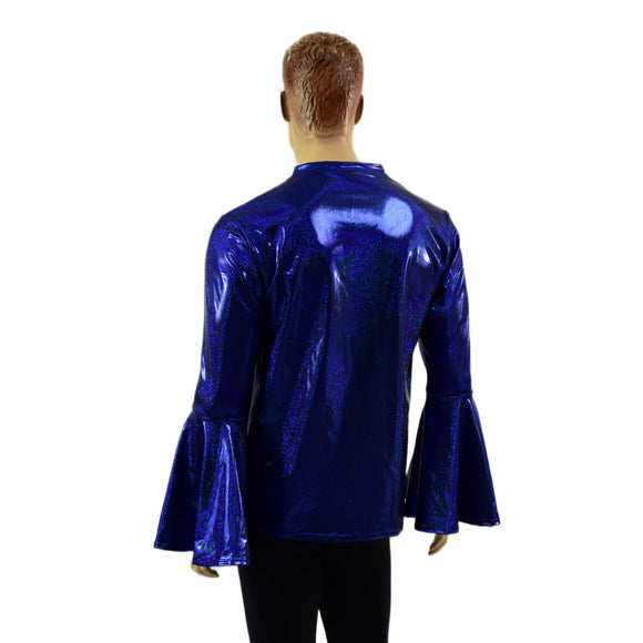Mens Trumpet Sleeve V Neck Waterloo Shirt in Blue Sparkly Jewel - Coquetry Clothing