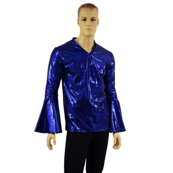Mens Trumpet Sleeve V Neck Waterloo Shirt in Blue Sparkly Jewel - Coquetry Clothing