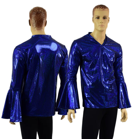 Mens Trumpet Sleeve V Neck Waterloo Shirt in Blue Sparkly Jewel - Coquetry Clothing