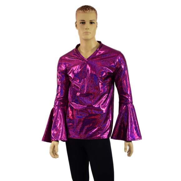 Mens Trumpet Sleeve V Neck Waterloo Shirt in Fuchsia Sparkly Jewel - Coquetry Clothing