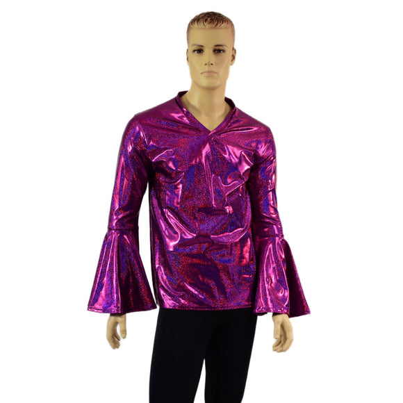 Mens Trumpet Sleeve V Neck Waterloo Shirt in Fuchsia Sparkly Jewel - Coquetry Clothing