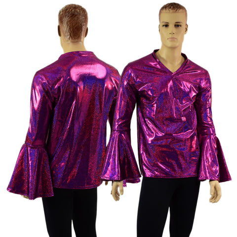 Mens Trumpet Sleeve V Neck Waterloo Shirt in Fuchsia Sparkly Jewel - Coquetry Clothing
