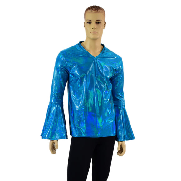 Mens Trumpet Sleeve V Neck Waterloo Shirt in Peacock Holographic - Coquetry Clothing