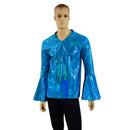 Mens Trumpet Sleeve V Neck Waterloo Shirt in Peacock Holographic - Coquetry Clothing