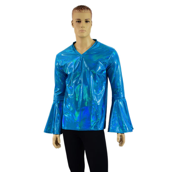 Mens Trumpet Sleeve V Neck Waterloo Shirt in Peacock Holographic - Coquetry Clothing