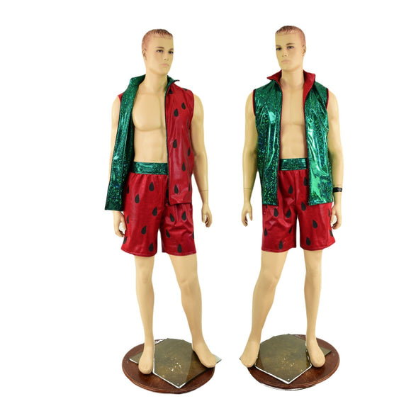 Mens Watermelon Zip Front Hooded Vest with Pockets (Shorts Optional) - Coquetry Clothing