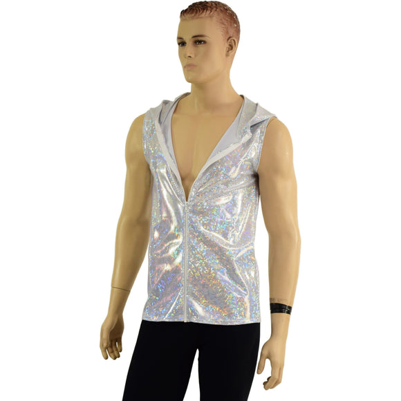 Mens White Kaleidoscope Hooded Vest with Zipper Front - Coquetry Clothing