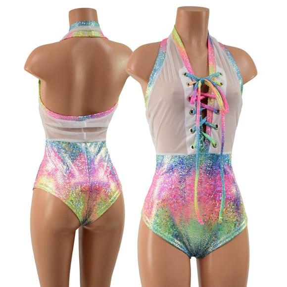 Mesh & Metallic Sheer Bella Romper with Siren Cut Leg - Coquetry Clothing