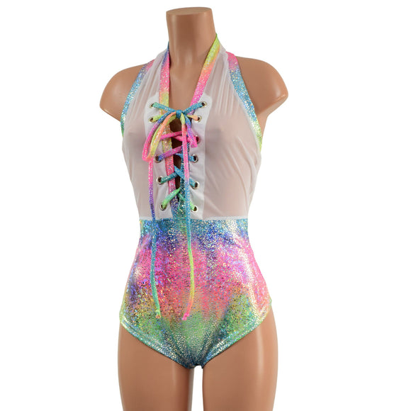 Mesh & Metallic Sheer Bella Romper with Siren Cut Leg - Coquetry Clothing