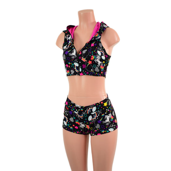 Mini Crop Hoodie with Racerback and Bodice Zipper, and Midrise Shorts Set - Coquetry Clothing