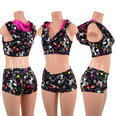Mini Crop Hoodie with Racerback and Bodice Zipper, and Midrise Shorts Set - Coquetry Clothing
