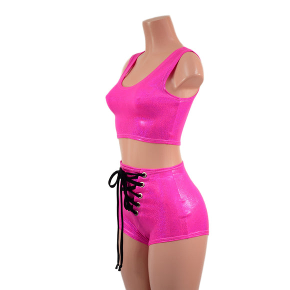 Mini Crop Tank and High Waist Pinup Shorts with Front Laceup Set - Coquetry Clothing