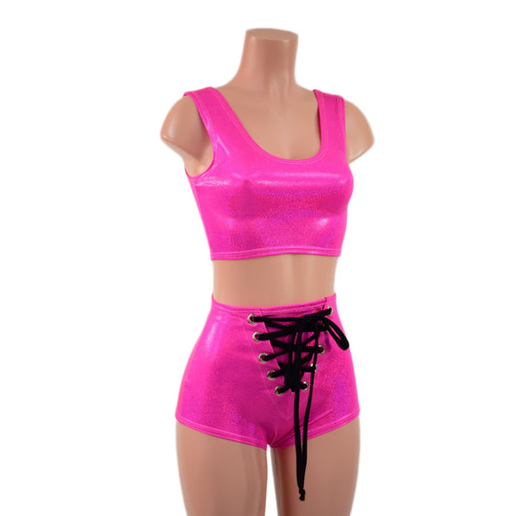 Mini Crop Tank and High Waist Pinup Shorts with Front Laceup Set - Coquetry Clothing