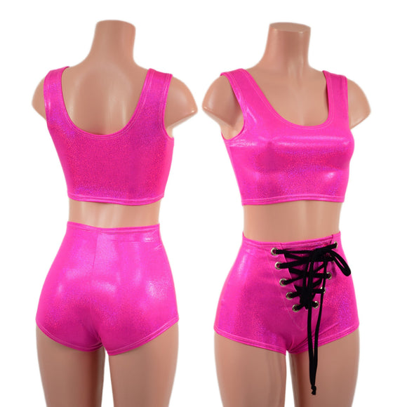 Mini Crop Tank and High Waist Pinup Shorts with Front Laceup Set - Coquetry Clothing