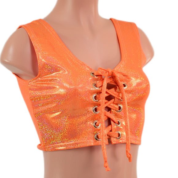 Mini Lace UP Front Crop Tank and High Waist Leggings Set in Orange Sparkly Jewel - Coquetry Clothing