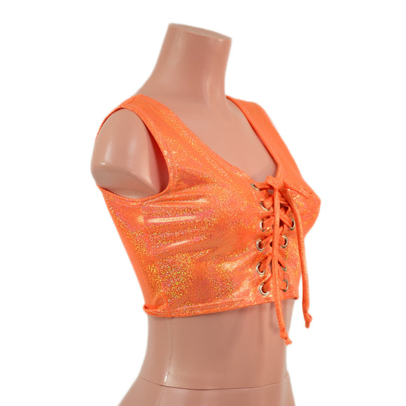 Mini Lace UP Front Crop Tank and High Waist Leggings Set in Orange Sparkly Jewel - Coquetry Clothing