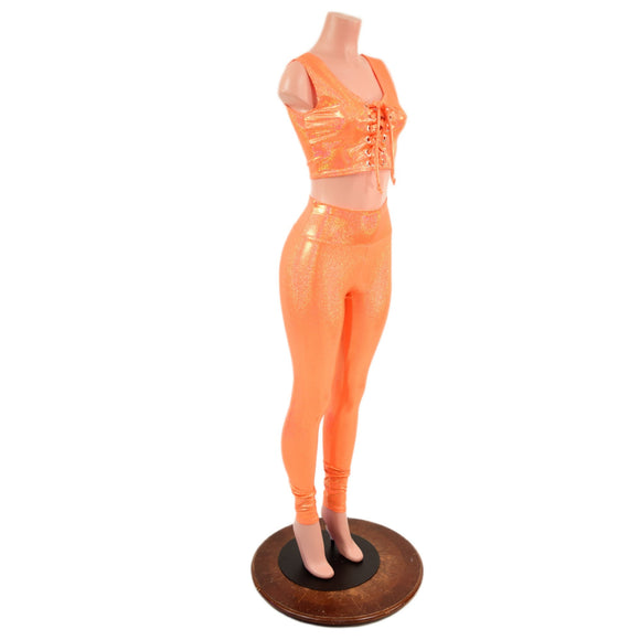 Mini Lace UP Front Crop Tank and High Waist Leggings Set in Orange Sparkly Jewel - Coquetry Clothing