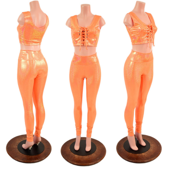 Mini Lace UP Front Crop Tank and High Waist Leggings Set in Orange Sparkly Jewel - Coquetry Clothing