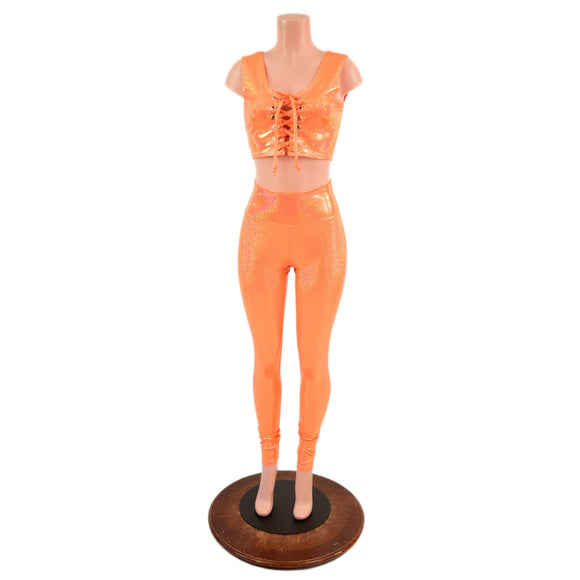 Mini Lace UP Front Crop Tank and High Waist Leggings Set in Orange Sparkly Jewel - Coquetry Clothing