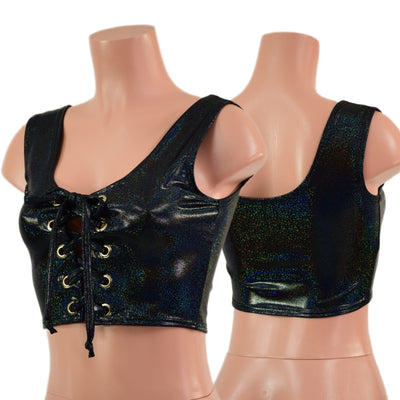 Mini Lace Up Front Crop Tank in Black Holographic - Coquetry Clothing