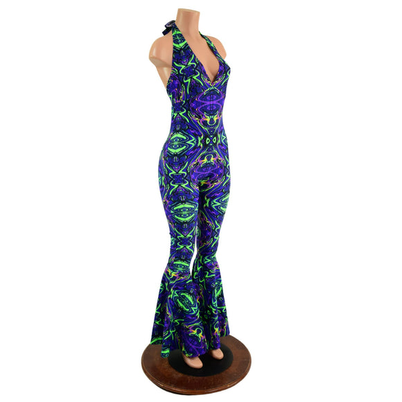 Monroe Halter Bell Bottom Flare Catsuit in Neon Melt - Coquetry Clothing