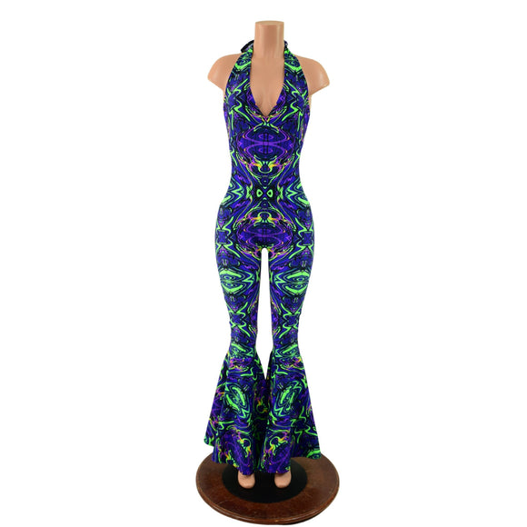 Monroe Halter Bell Bottom Flare Catsuit in Neon Melt - Coquetry Clothing