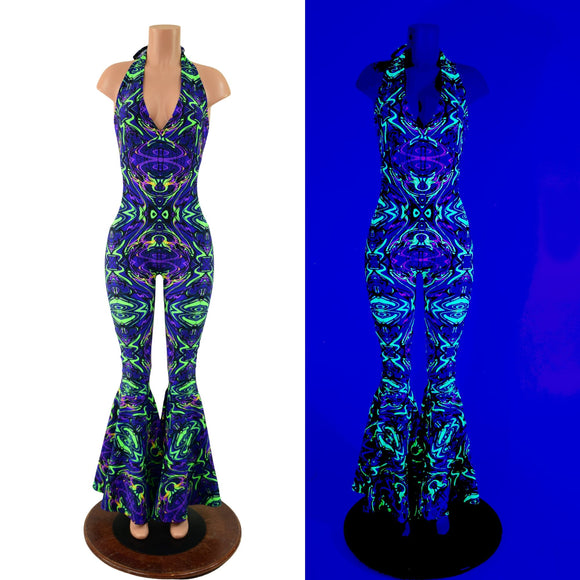Monroe Halter Bell Bottom Flare Catsuit in Neon Melt - Coquetry Clothing