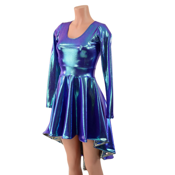 Moonstone Hi Lo Long Sleeve Skater Dress with Silver Holo Skirt Lining - Coquetry Clothing