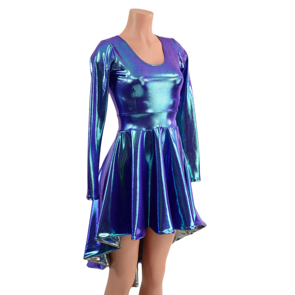 Moonstone Hi Lo Long Sleeve Skater Dress with Silver Holo Skirt Lining - Coquetry Clothing