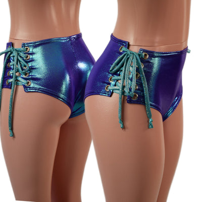 Moonstone Midrise Siren Shorts with Hip Laceups and Seafoam Ties - Coquetry Clothing