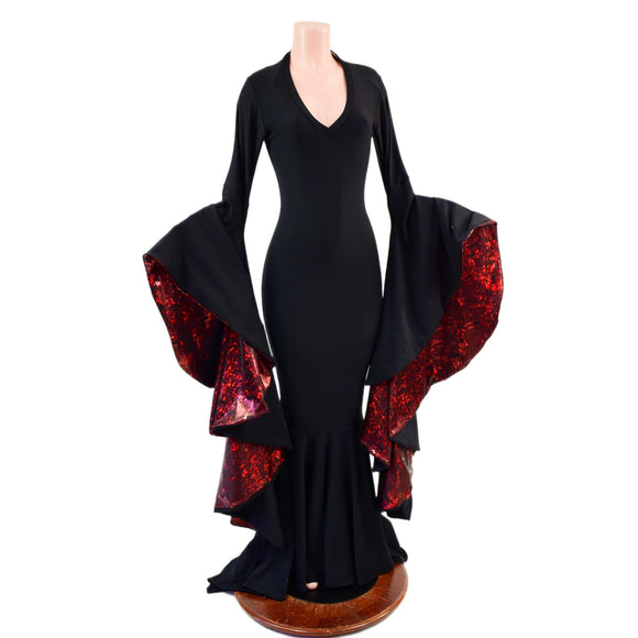 Morticia Gown with V Neckline & Primeval Red Lined Sorceress Sleeves - Coquetry Clothing