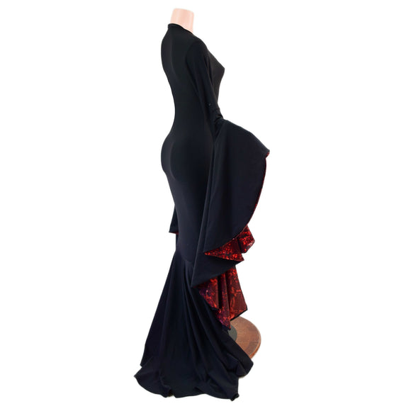 Morticia Gown with V Neckline & Primeval Red Lined Sorceress Sleeves - Coquetry Clothing