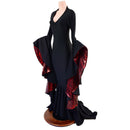 Morticia Gown with V Neckline & Primeval Red Lined Sorceress Sleeves - Coquetry Clothing