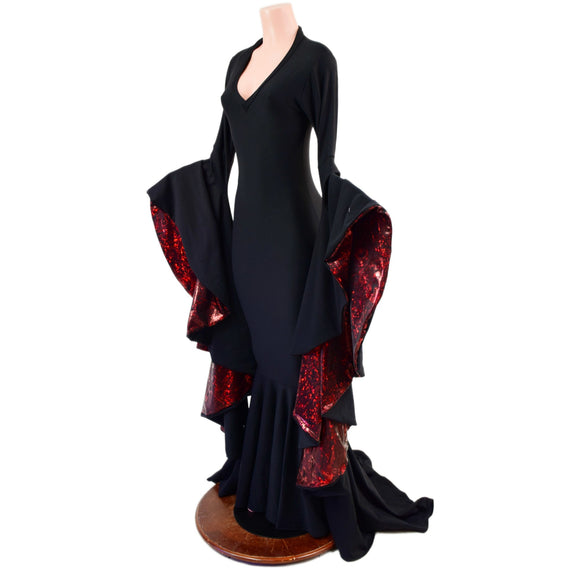 Morticia Gown with V Neckline & Primeval Red Lined Sorceress Sleeves - Coquetry Clothing
