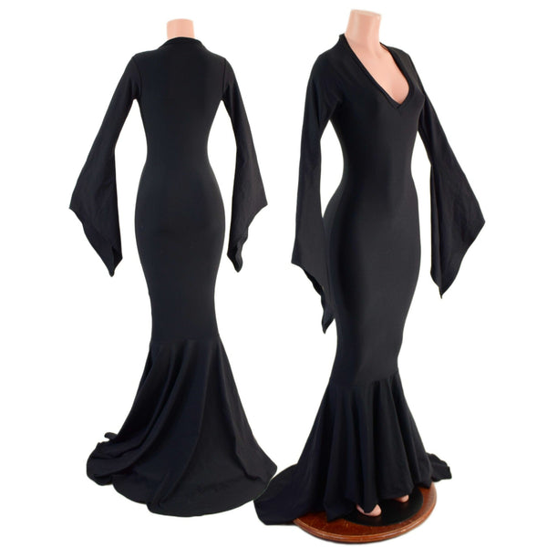 Black Zen Morticia Puddle Train Gown with V Neck and Pointy Sleeves - 4