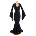 Black Zen Morticia Puddle Train Gown with V Neck and Pointy Sleeves - 6