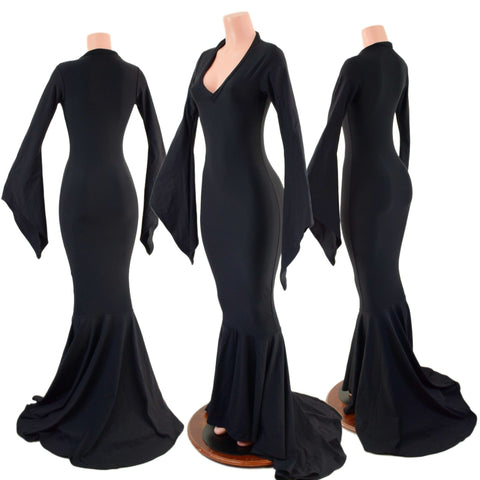 Black Zen Morticia Puddle Train Gown with V Neck and Pointy Sleeves - Coquetry Clothing
