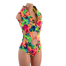 Neon Acid Splash Hooded O - Ring Romper with Siren Cut Leg - Coquetry Clothing
