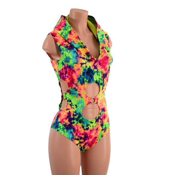 Neon Acid Splash Hooded O - Ring Romper with Siren Cut Leg - Coquetry Clothing