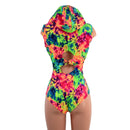 Neon Acid Splash Hooded O - Ring Romper with Siren Cut Leg - Coquetry Clothing
