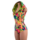 Neon Acid Splash Hooded O - Ring Romper with Siren Cut Leg - Coquetry Clothing