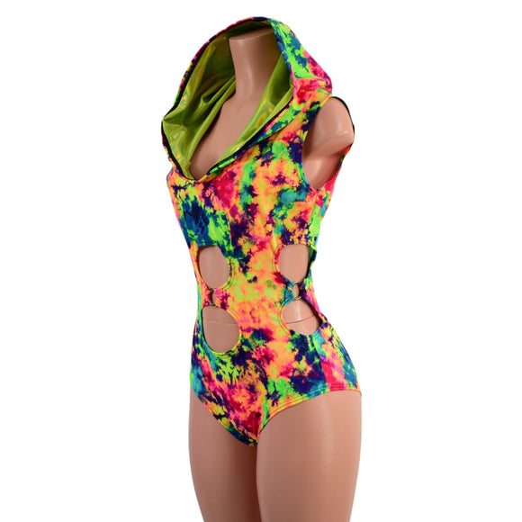 Neon Acid Splash Hooded O - Ring Romper with Siren Cut Leg - Coquetry Clothing