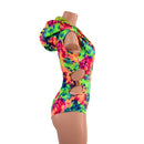 Neon Acid Splash Hooded O - Ring Romper with Siren Cut Leg - Coquetry Clothing