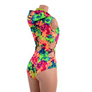 Neon Acid Splash Hooded O - Ring Romper with Siren Cut Leg - Coquetry Clothing
